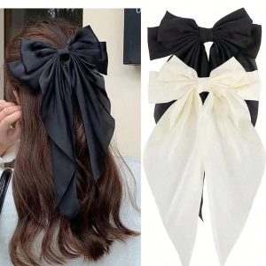 13.3.jpg 1-2pcs Women's Oversized Black/White/Red Satin Ribbon Hair Clip, Elegant And Chic Hair Accessory For Daily Wear And Outfits Matching Bow