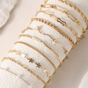 6.3.jpg 10pcs Set Fashionable & Elegant Copper Inlaid Rhinestone & Faux Pearl Star Silver Bracelets, Suitable For Women Daily Wear